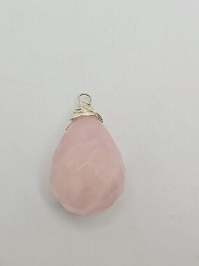 Rose Quartz Pendant Faceted Teardrop Wire Wrapped Silver Tone 1-1/8"